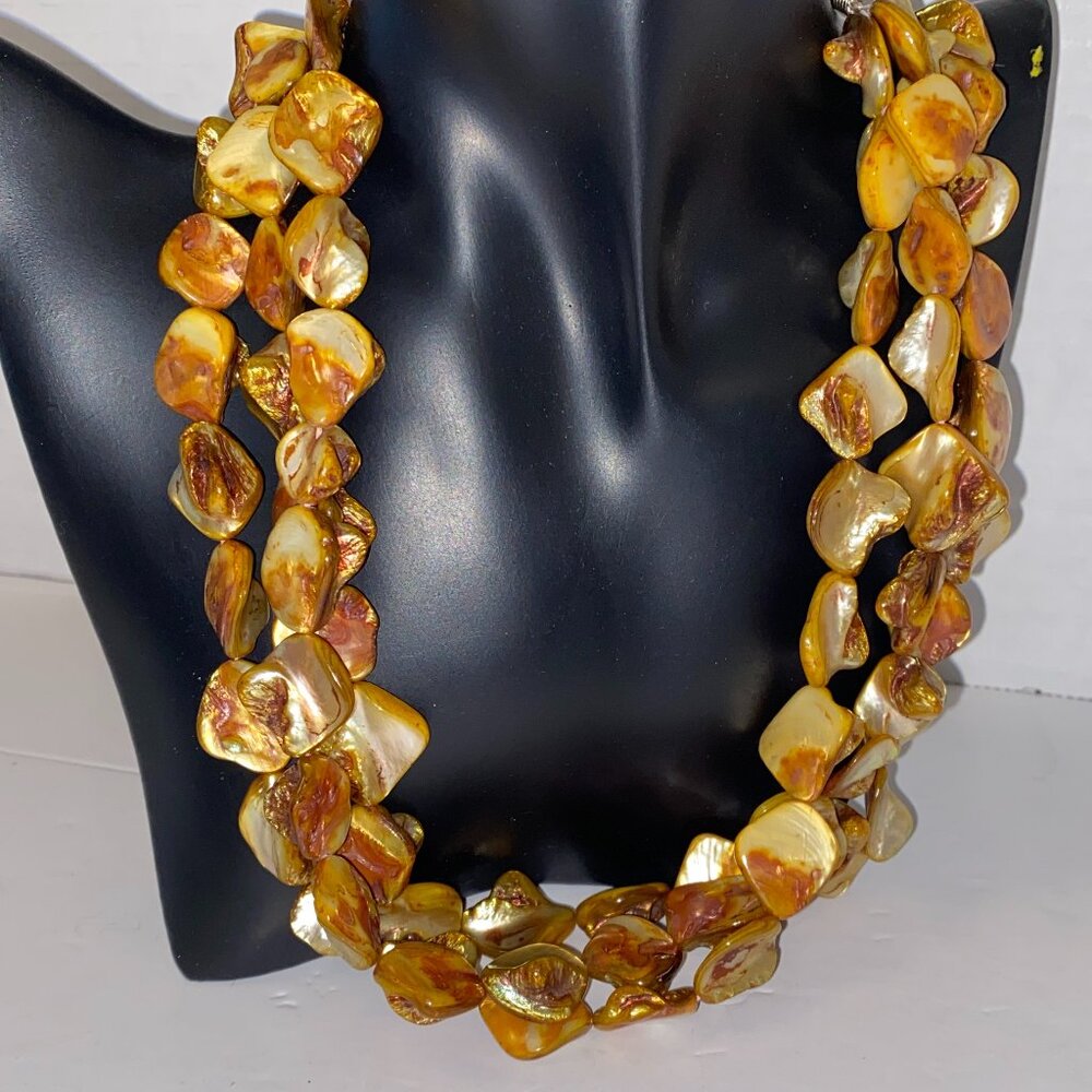 Vintage Necklace 3 Strands Deep Golden Dyed Abalone Shells Lobster Clasp